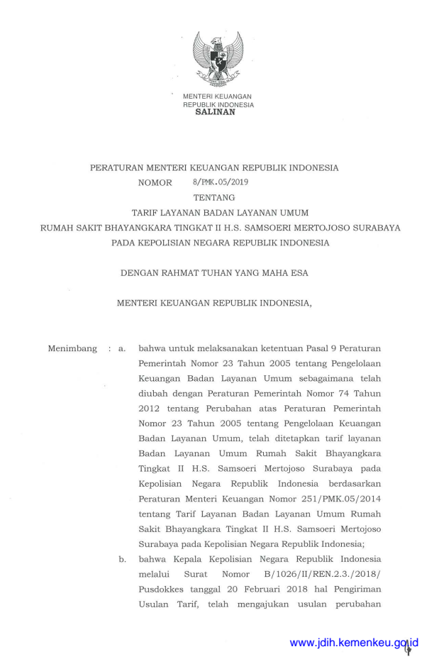 Peraturan Menteri Keuangan Nomor 8/PMK.05/2019