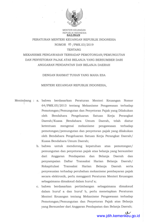 Peraturan Menteri Keuangan Nomor 85/PMK.03/2019