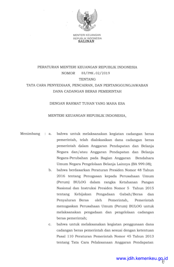 Peraturan Menteri Keuangan Nomor 88/PMK.02/2019