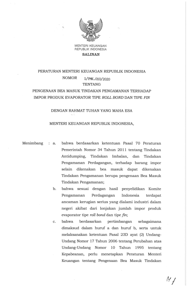 Peraturan Menteri Keuangan Nomor 1/PMK.010/2020