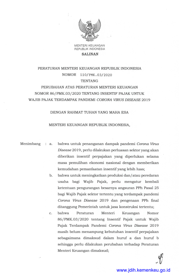Peraturan Menteri Keuangan Nomor 110/PMK.03/2020