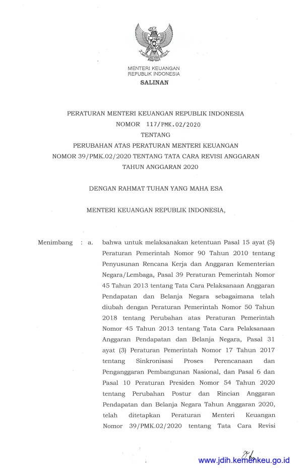 Peraturan Menteri Keuangan Nomor 117/PMK.02/2020