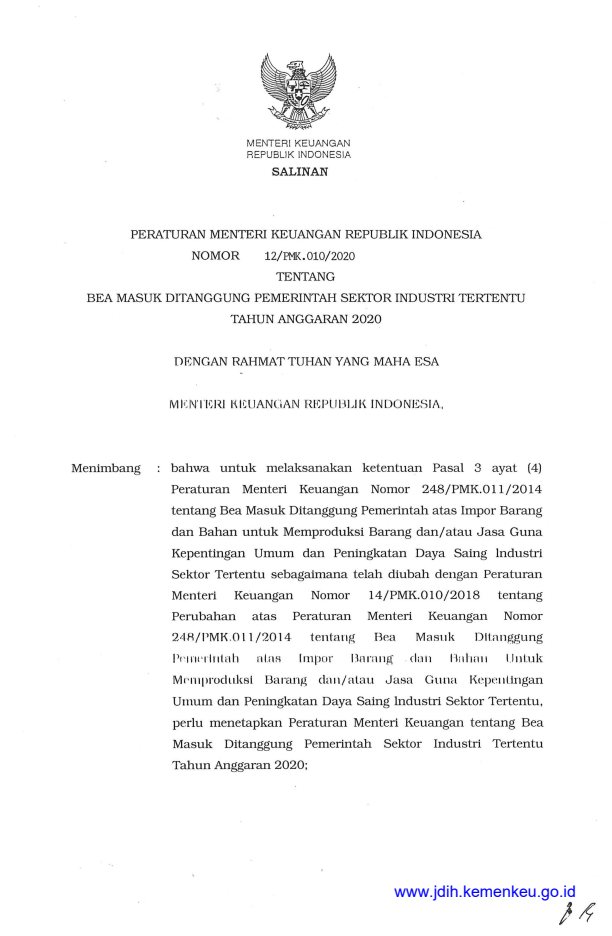 Peraturan Menteri Keuangan Nomor 12/PMK.010/2020