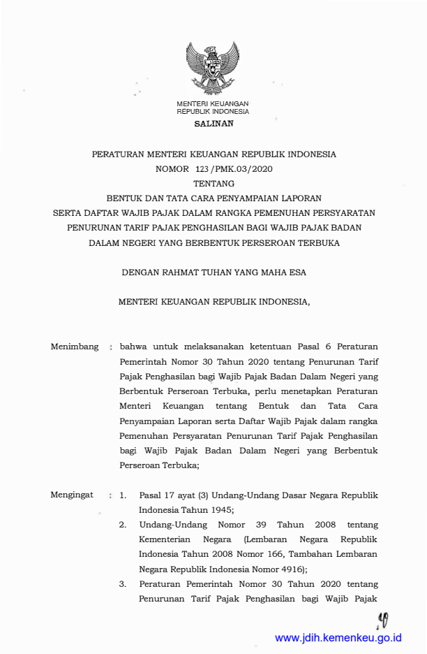Peraturan Menteri Keuangan Nomor 123/PMK.03/2020