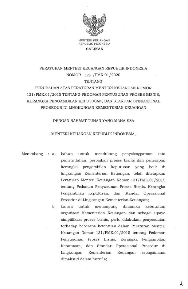 Peraturan Menteri Keuangan Nomor 128/PMK.01/2020