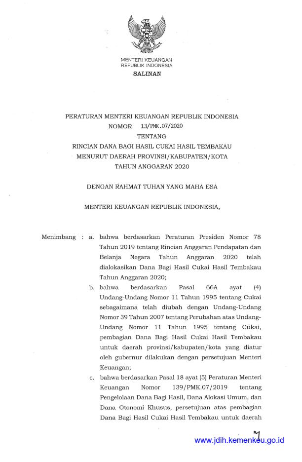 Peraturan Menteri Keuangan Nomor 13/PMK.07/2020
