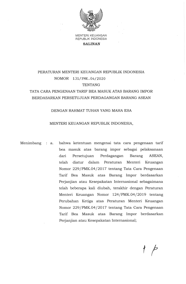 Peraturan Menteri Keuangan Nomor 131/PMK.04/2020