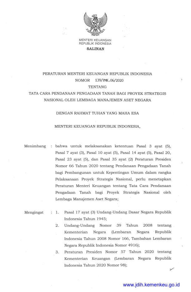 Peraturan Menteri Keuangan Nomor 139/PMK.06/2020