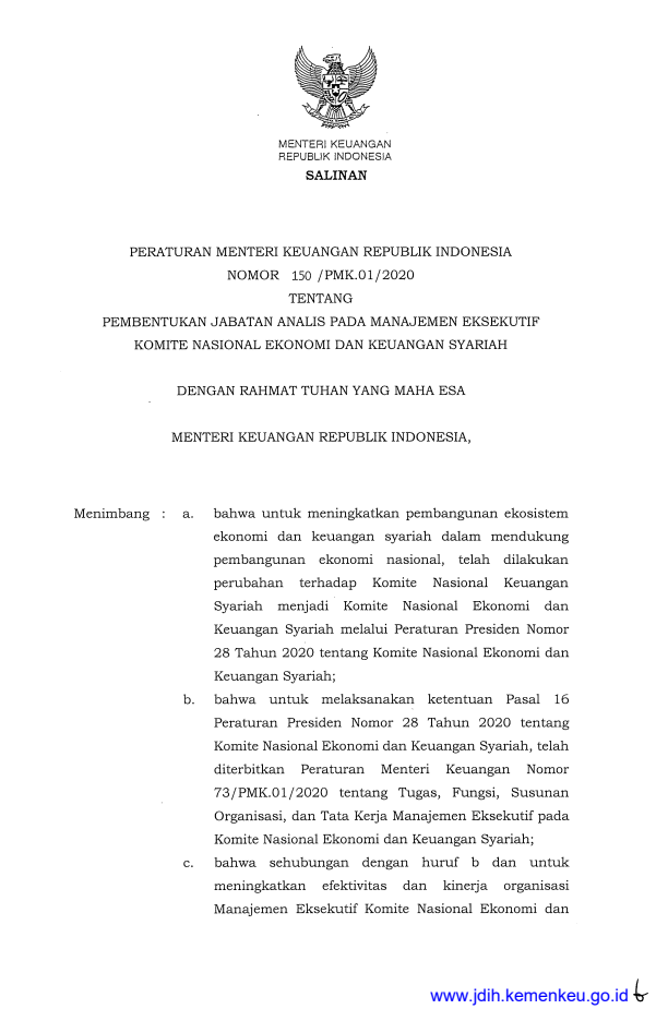 Peraturan Menteri Keuangan Nomor 150/PMK.01/2020