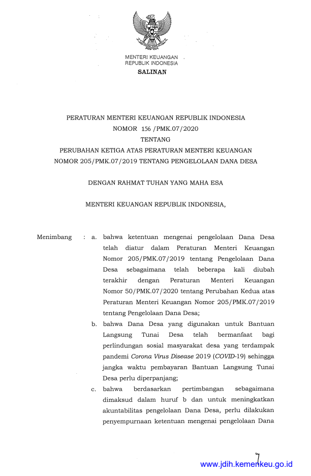 Peraturan Menteri Keuangan Nomor 156/PMK.07/2020