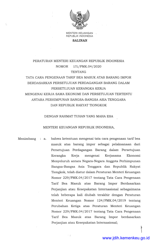 Peraturan Menteri Keuangan Nomor 171/PMK.04/2020