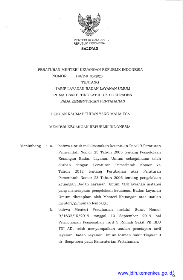 Peraturan Menteri Keuangan Nomor 178/PMK.05/2020