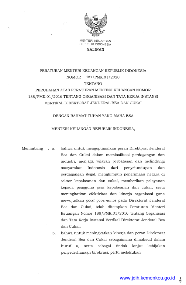 Peraturan Menteri Keuangan Nomor 183/PMK.01/2020