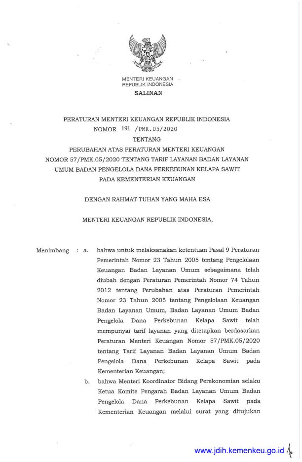 Peraturan Menteri Keuangan Nomor 191/PMK.05/2020