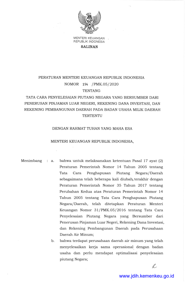 Peraturan Menteri Keuangan Nomor 194/PMK.05/2020