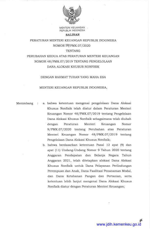Peraturan Menteri Keuangan Nomor 197/PMK.07/2020
