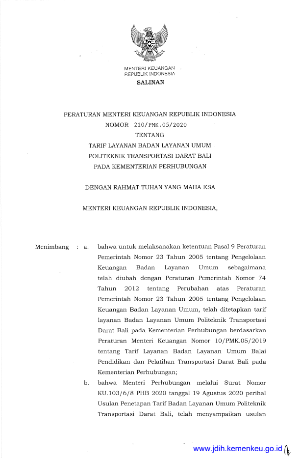 Peraturan Menteri Keuangan Nomor 210/PMK.05/2020