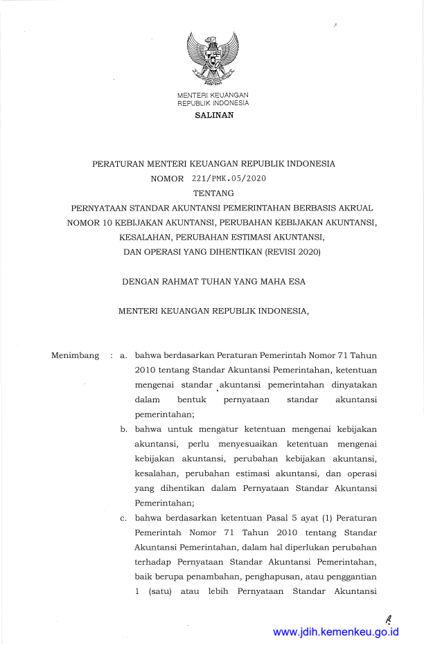 Peraturan Menteri Keuangan Nomor 221/PMK.05/2020