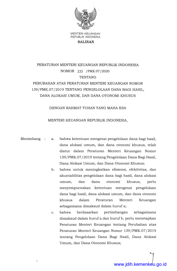 Peraturan Menteri Keuangan Nomor 233/PMK.07/2020