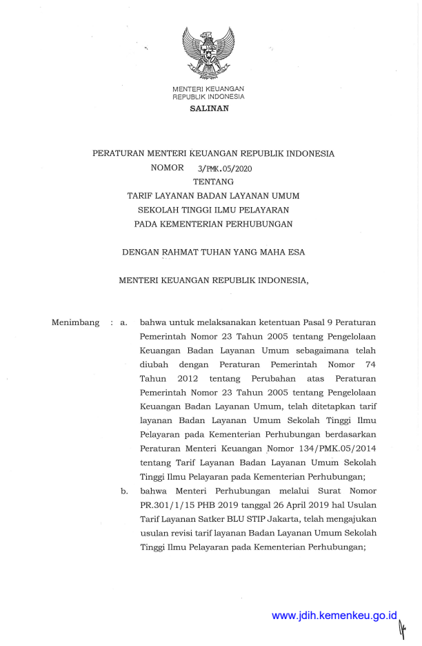 Peraturan Menteri Keuangan Nomor 3/PMK.05/2020