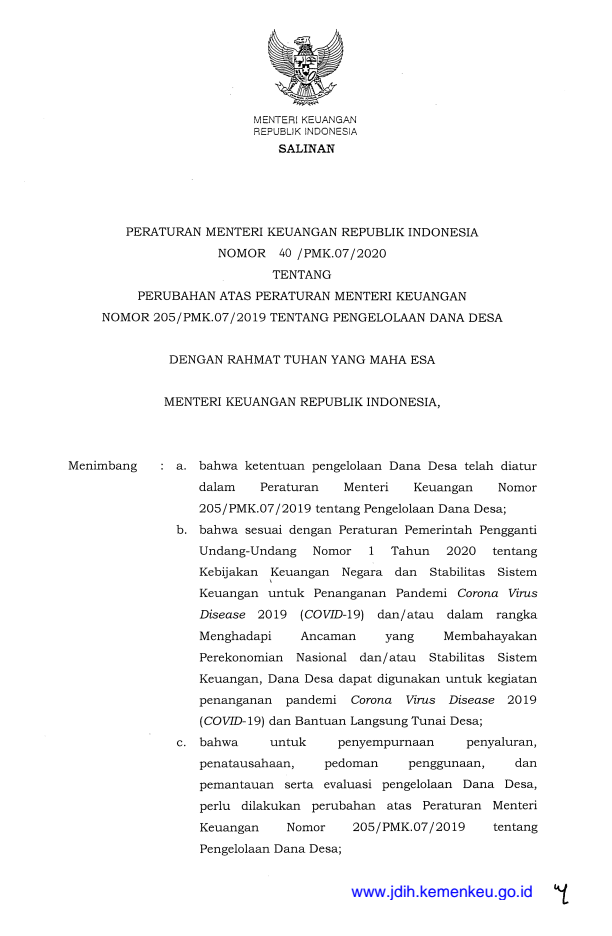 Peraturan Menteri Keuangan Nomor 40/PMK.07/2020