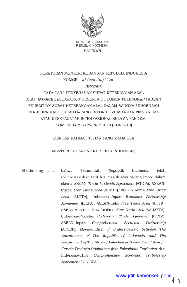 Peraturan Menteri Keuangan Nomor 45/PMK.04/2020