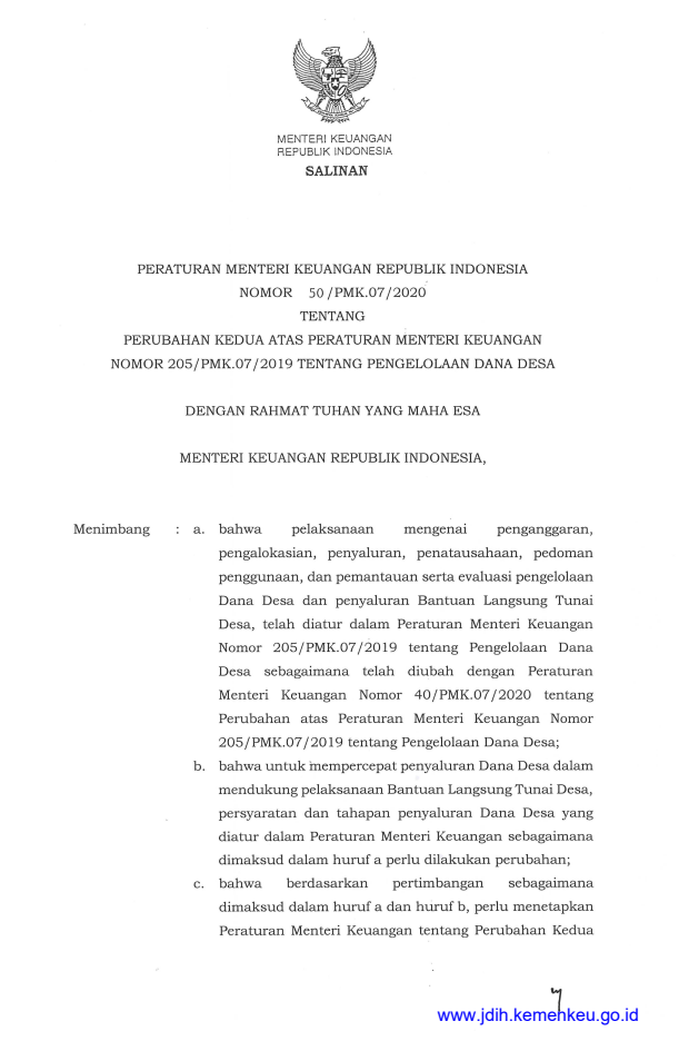 Peraturan Menteri Keuangan Nomor 50/PMK.07/2020