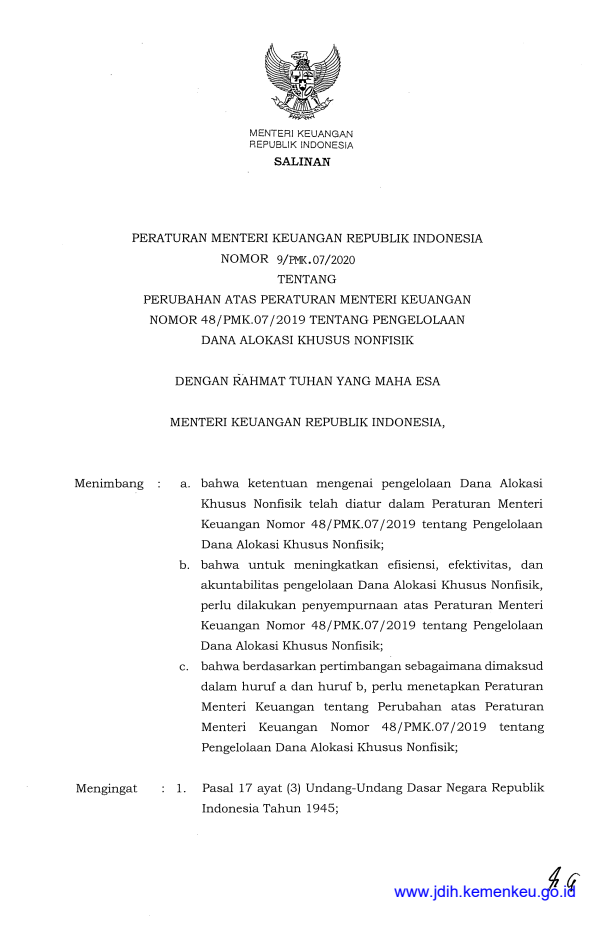 Peraturan Menteri Keuangan Nomor 9/PMK.07/2020