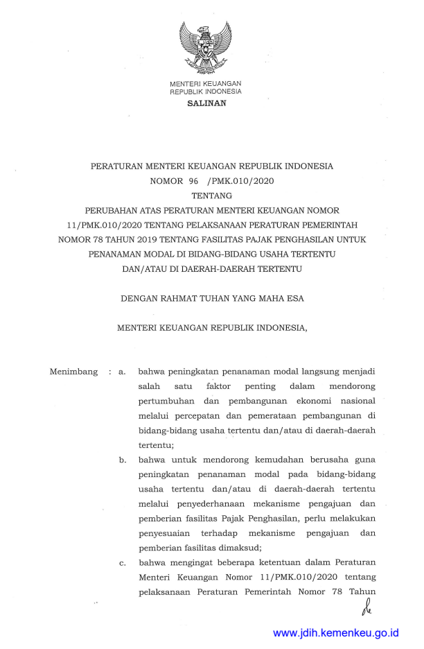 Peraturan Menteri Keuangan Nomor 96/PMK.010/2020