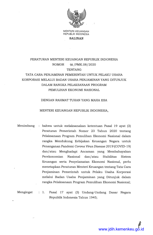 Peraturan Menteri Keuangan Nomor 98/PMK.08/2020