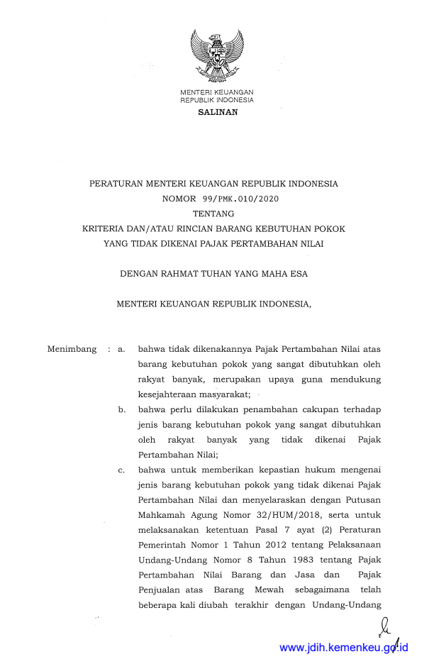 Peraturan Menteri Keuangan Nomor 99/PMK.010/2020