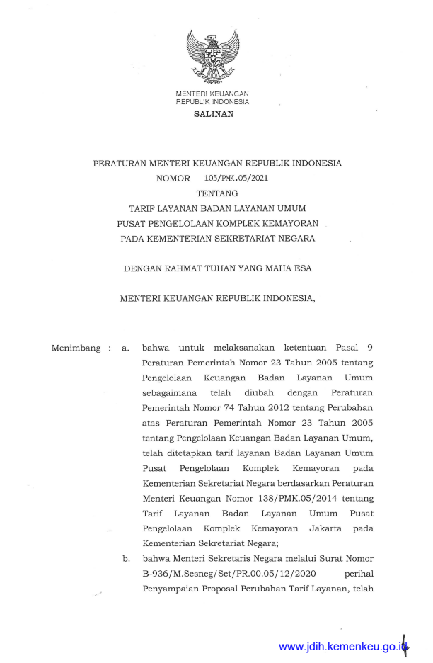 Peraturan Menteri Keuangan Nomor 105/PMK.05/2021