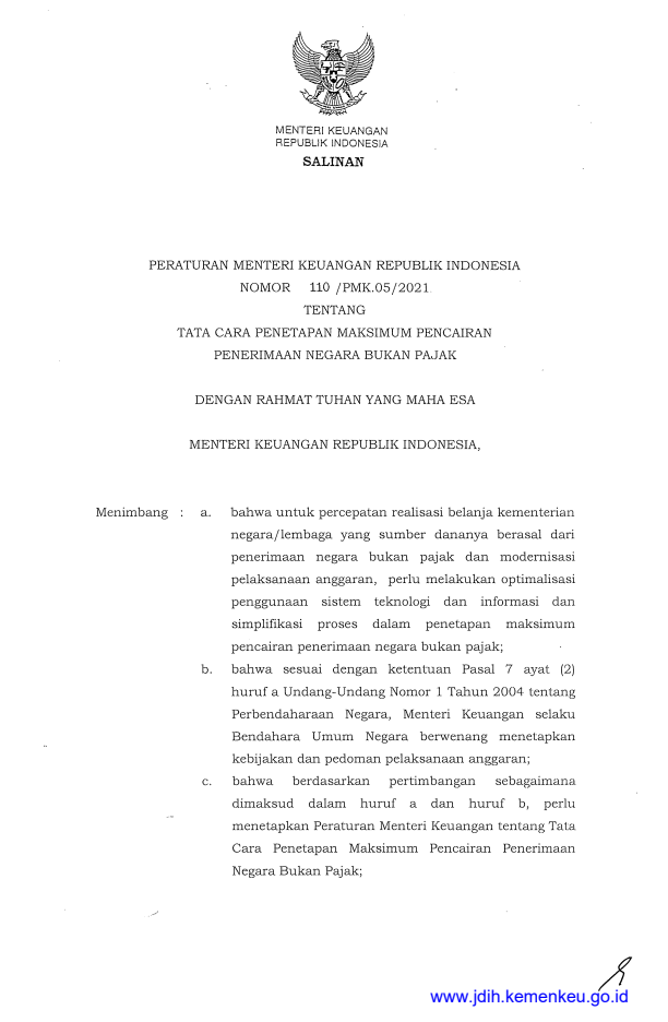 Peraturan Menteri Keuangan Nomor 110/PMK.05/2021