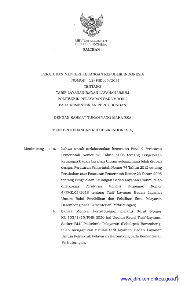 Peraturan Menteri Keuangan Nomor 12/PMK.05/2021