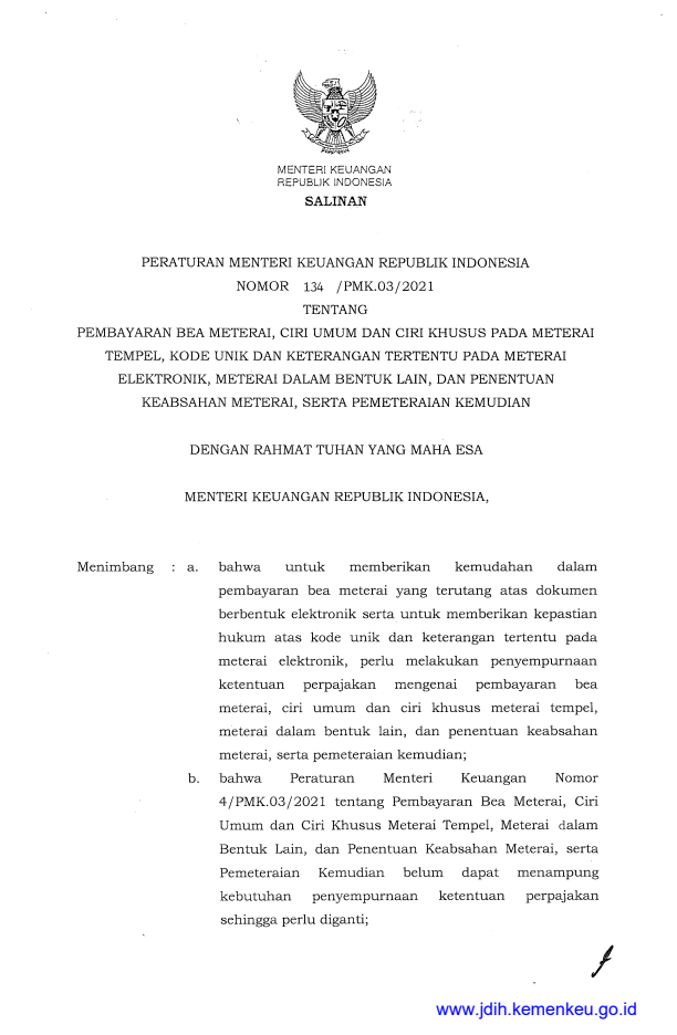 Peraturan Menteri Keuangan Nomor 134/PMK.03/2021
