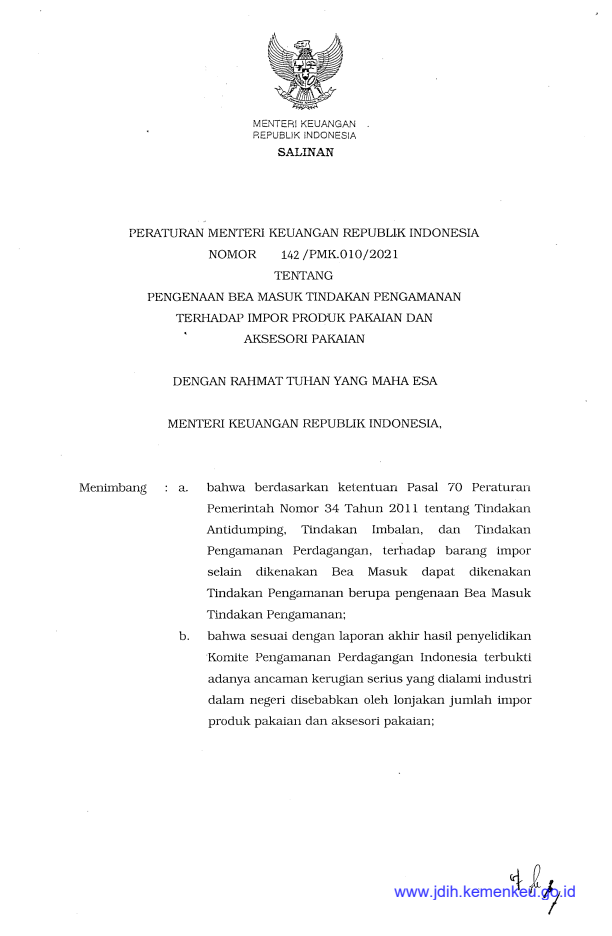 Peraturan Menteri Keuangan Nomor 142/PMK.010/2021