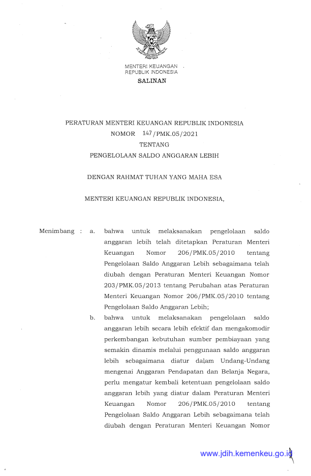 Peraturan Menteri Keuangan Nomor 147/PMK.05/2021
