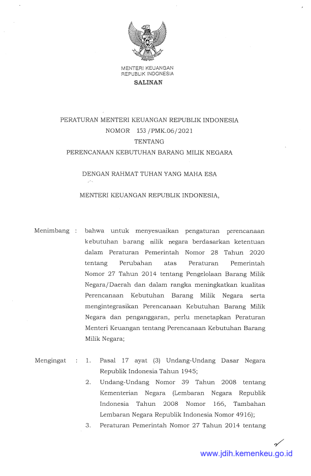 Peraturan Menteri Keuangan Nomor 153/PMK.06/2021