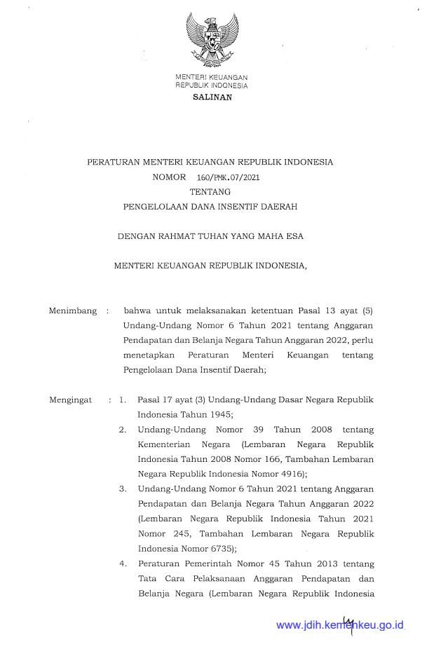 Peraturan Menteri Keuangan Nomor 160/PMK.07/2021