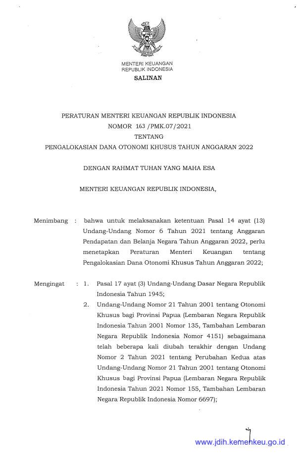 Peraturan Menteri Keuangan Nomor 163/PMK.07/2021