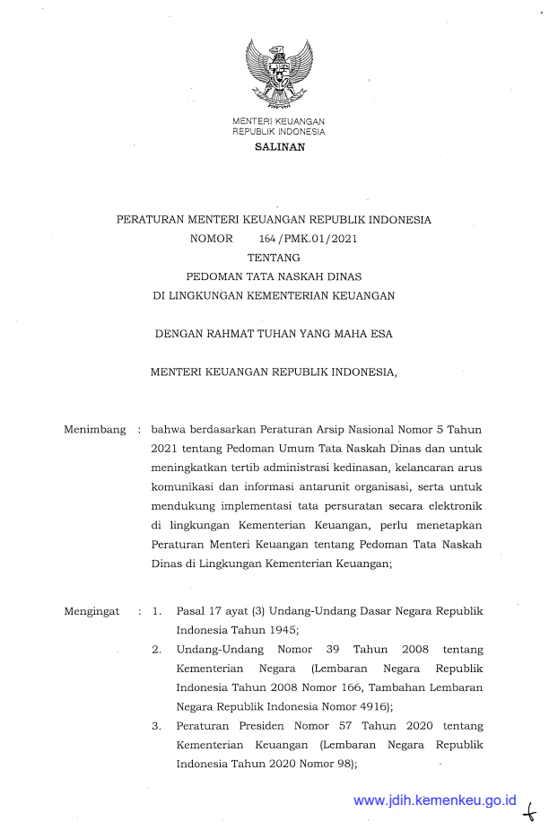 Peraturan Menteri Keuangan Nomor 164/PMK.01/2021