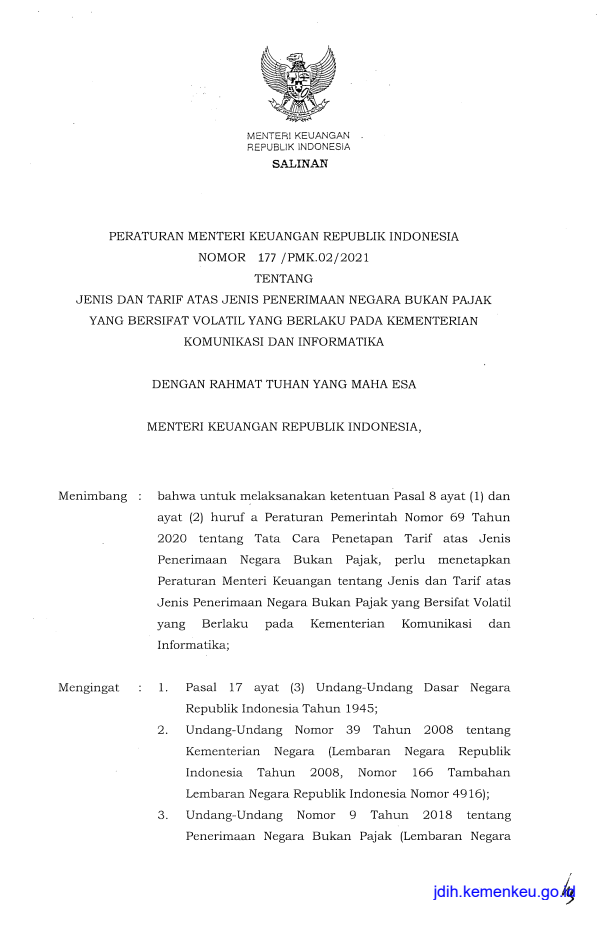 Peraturan Menteri Keuangan Nomor 177/PMK.02/2021
