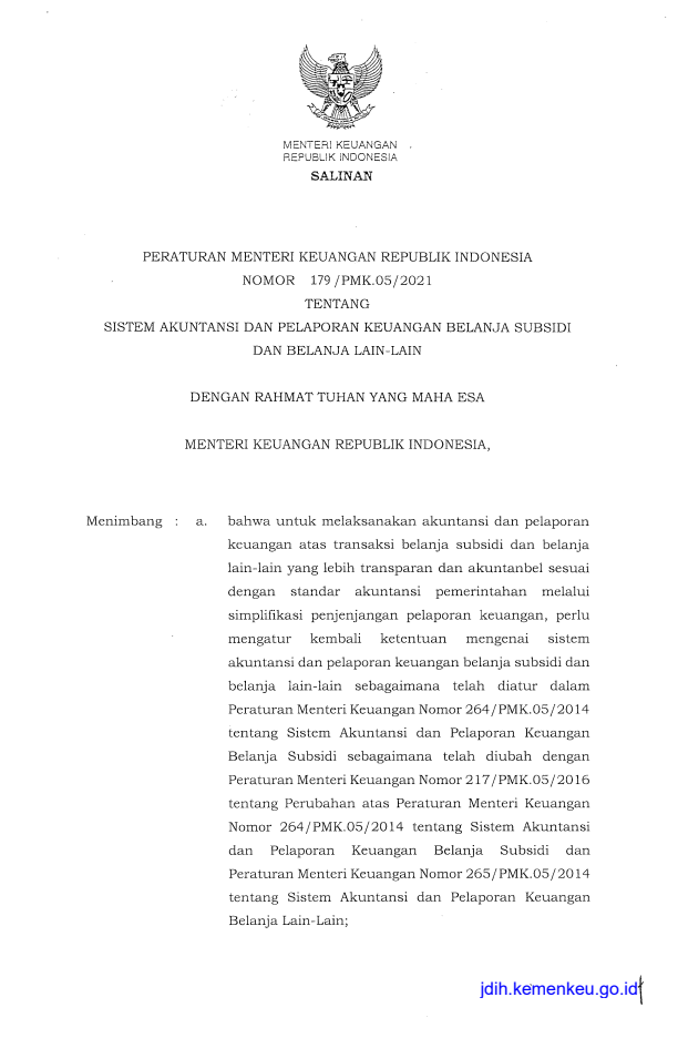 Peraturan Menteri Keuangan Nomor 179/PMK.05/2021