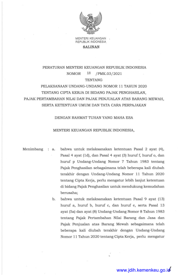 Peraturan Menteri Keuangan Nomor 18/PMK.03/2021