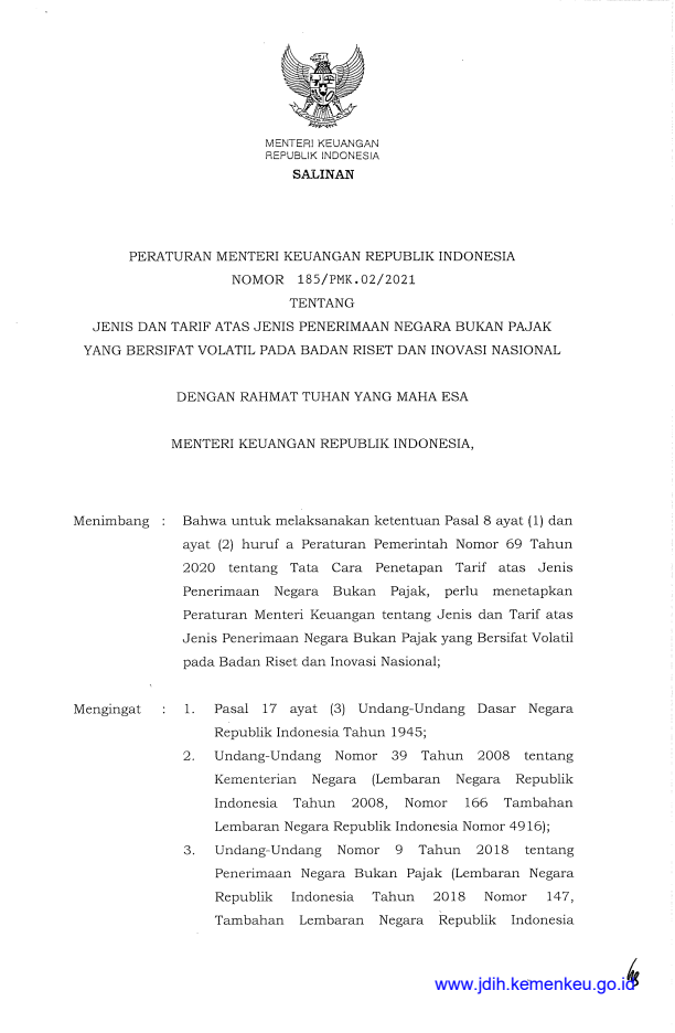 Peraturan Menteri Keuangan Nomor 185/PMK.02/2021