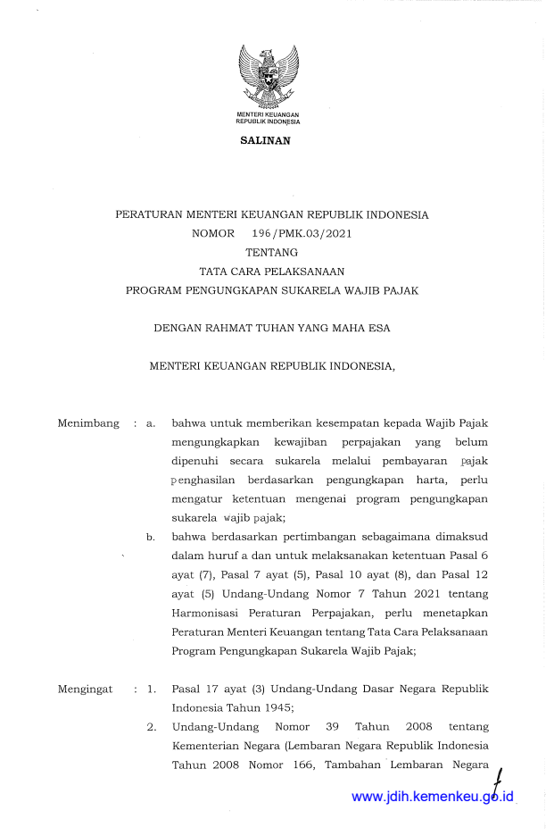 Peraturan Menteri Keuangan Nomor 196/PMK.03/2021