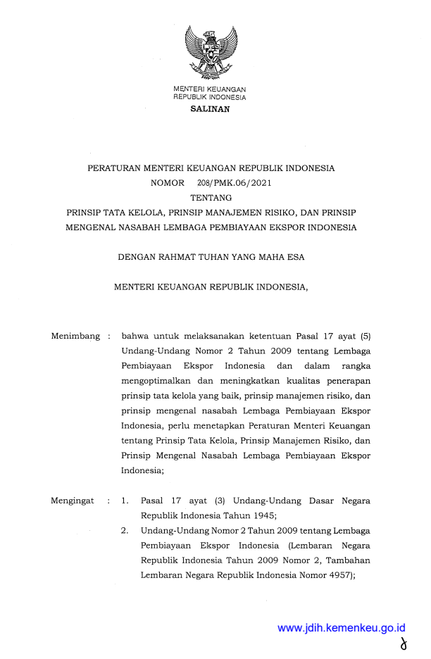 Peraturan Menteri Keuangan Nomor 208/PMK.06/2021