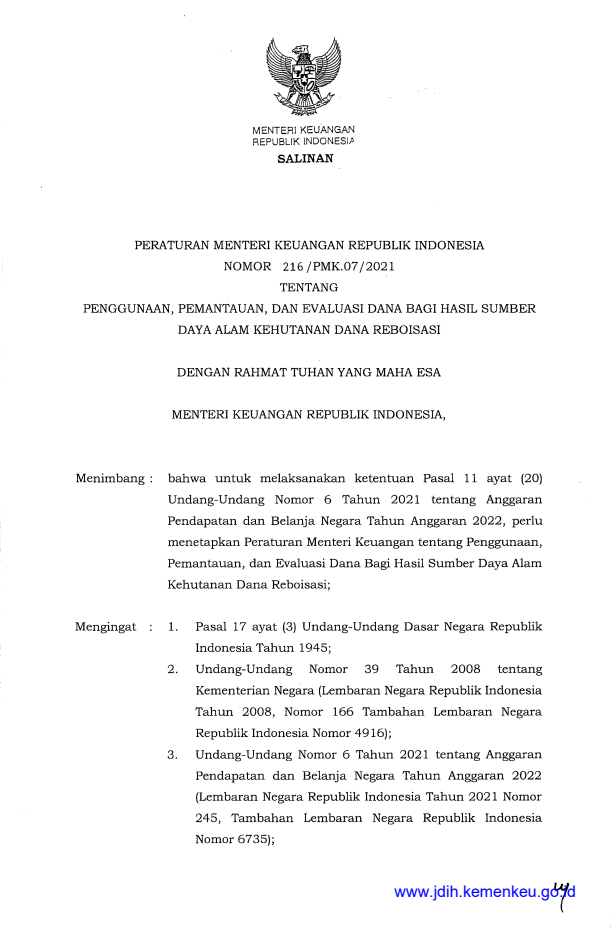 Peraturan Menteri Keuangan Nomor 216/PMK.07/2021