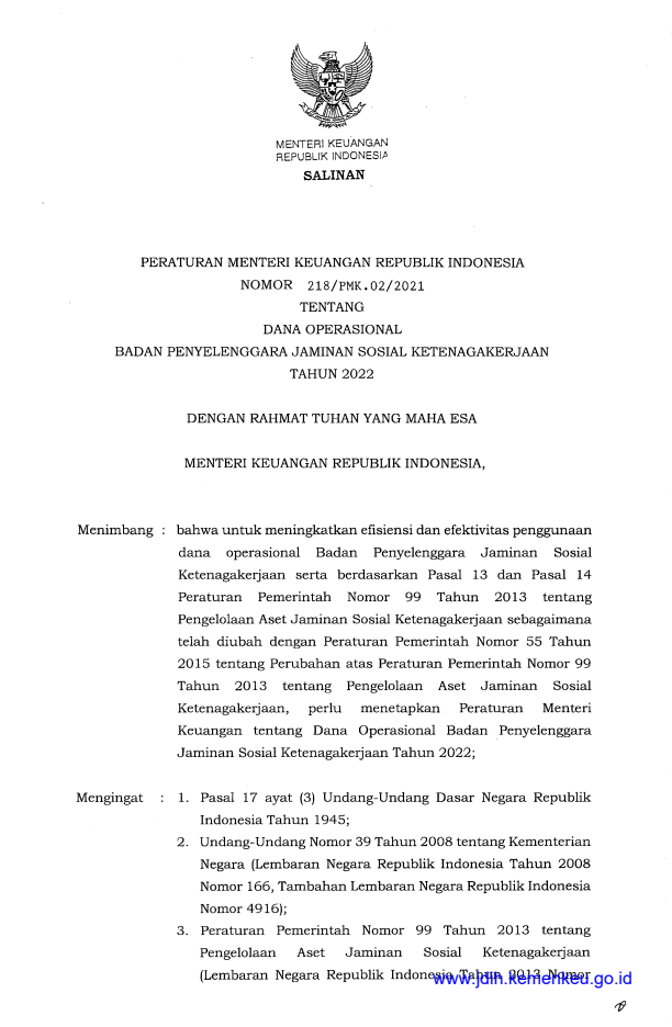 Peraturan Menteri Keuangan Nomor 218/PMK.02/2021
