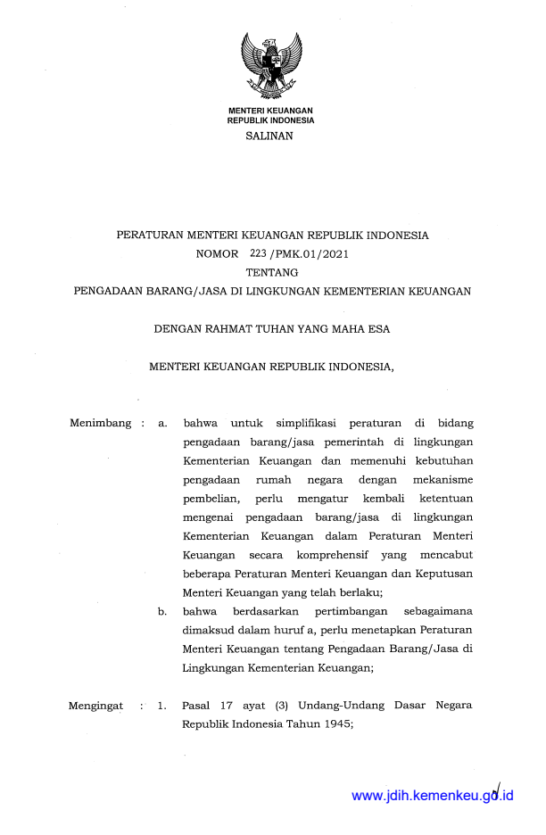 Peraturan Menteri Keuangan Nomor 223/PMK.01/2021